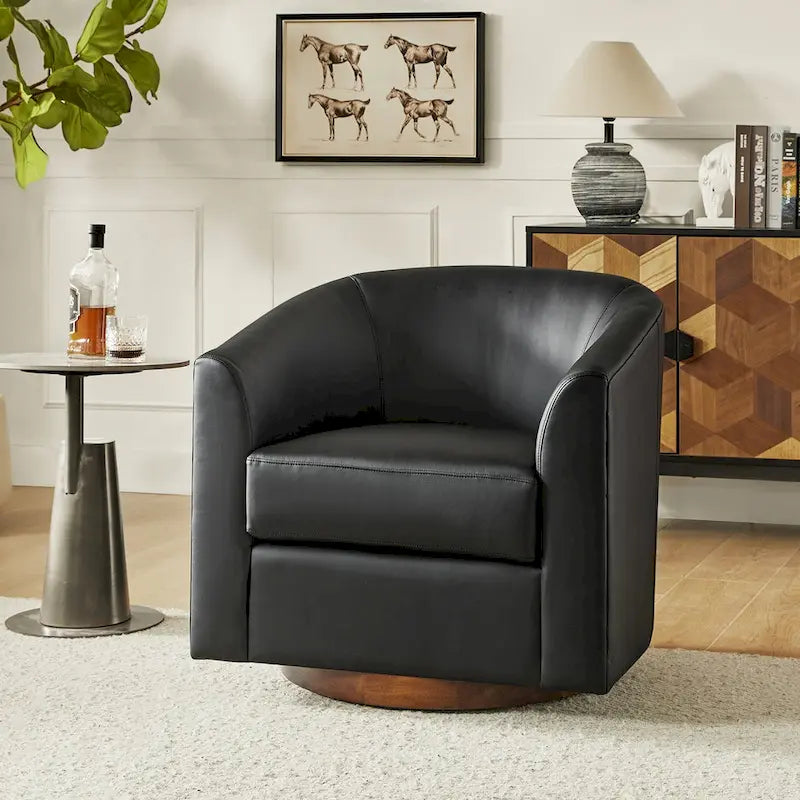 Fauteuil pivotant en similicuir avec base en bois massif