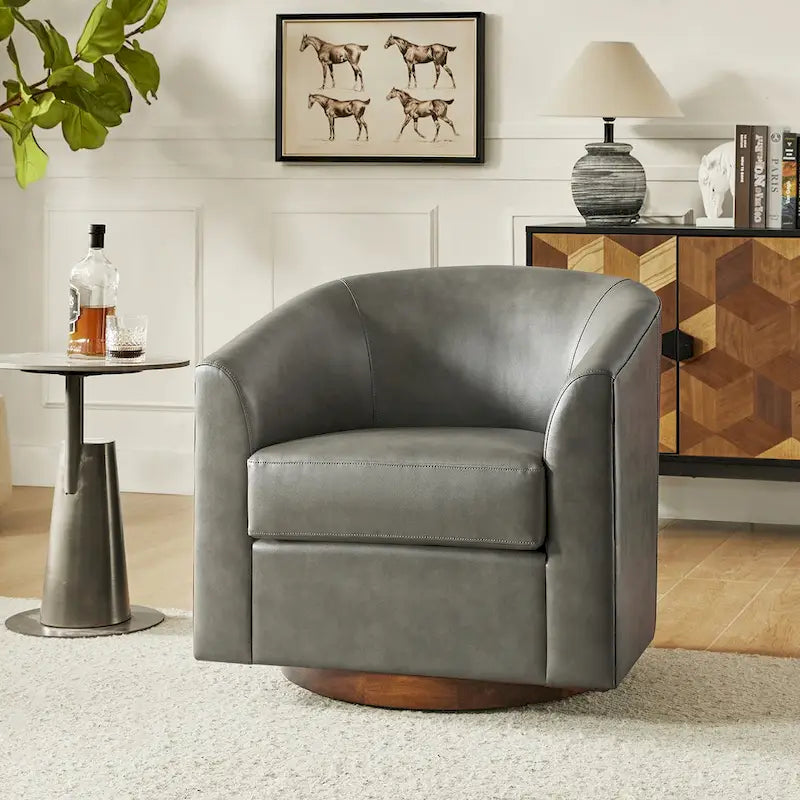 Fauteuil pivotant en similicuir avec base en bois massif