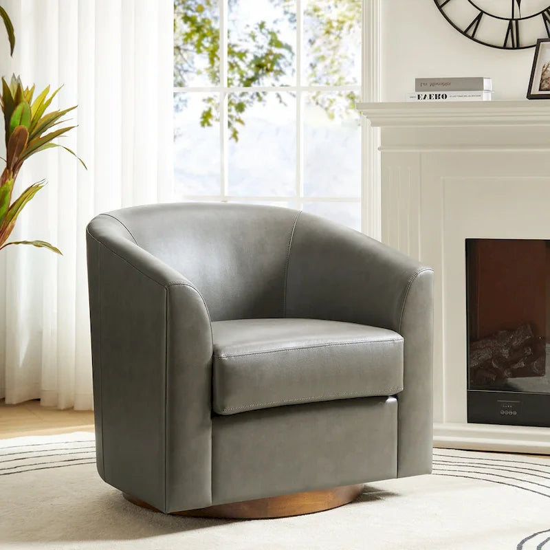 Fauteuil pivotant en similicuir avec base en bois massif