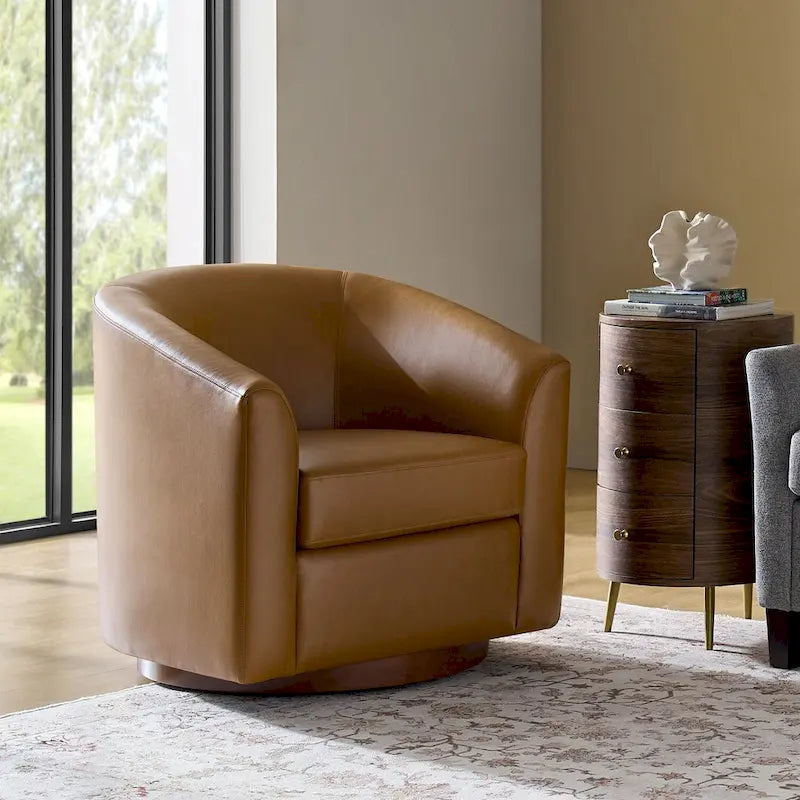 Fauteuil pivotant en similicuir avec base en bois massif