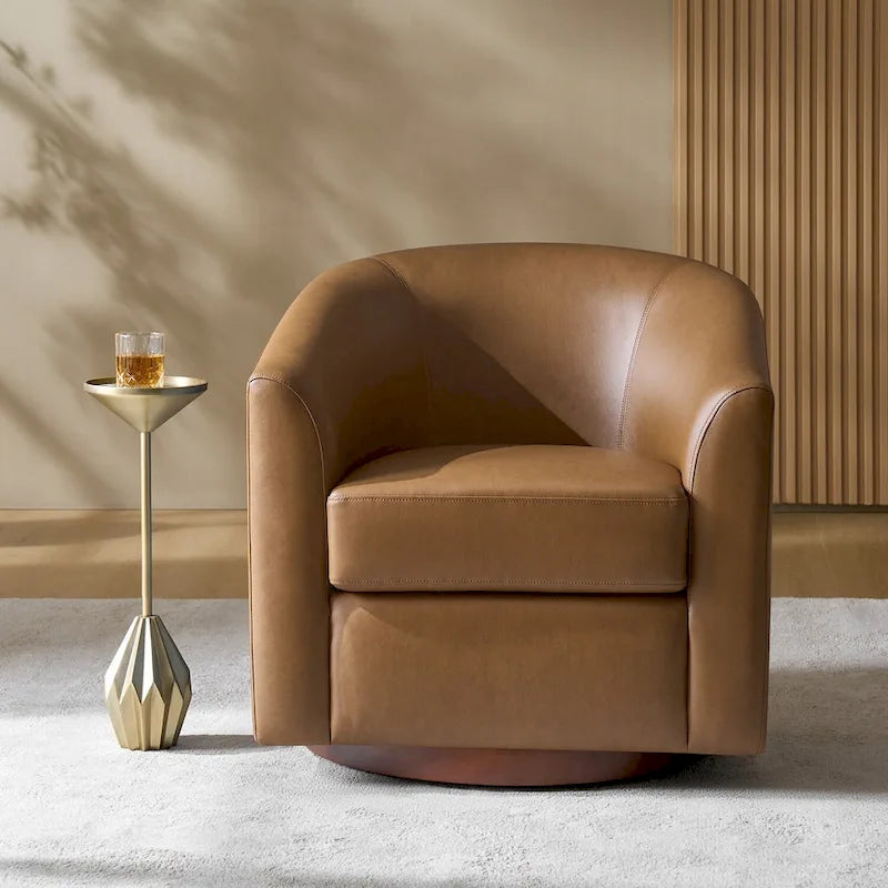Fauteuil pivotant en similicuir avec base en bois massif