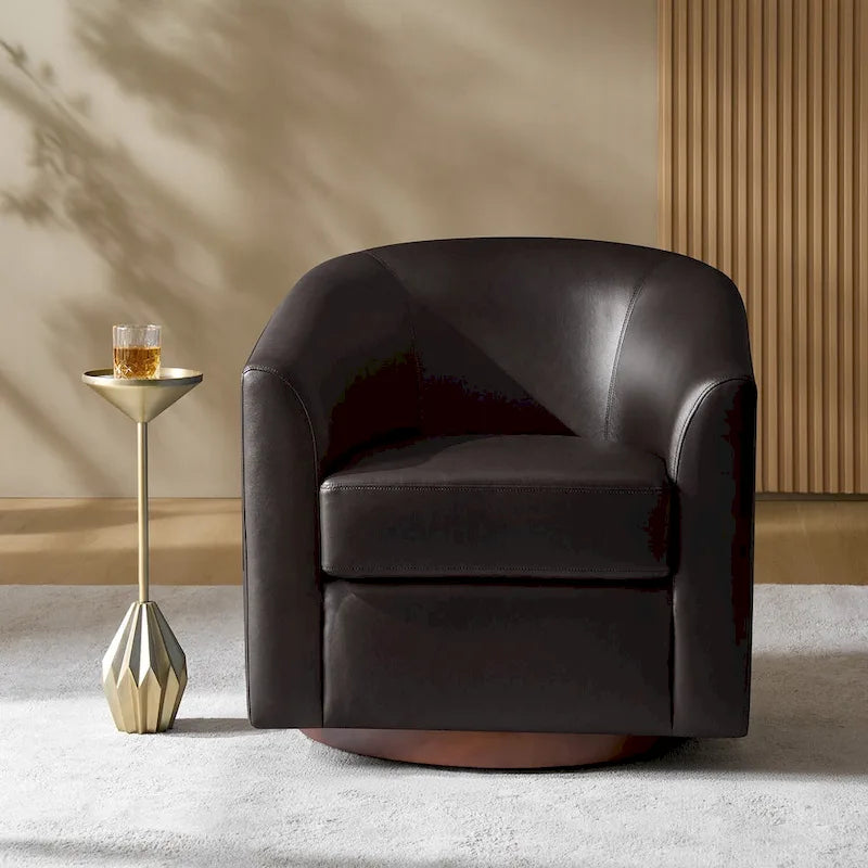 Fauteuil pivotant en similicuir avec base en bois massif