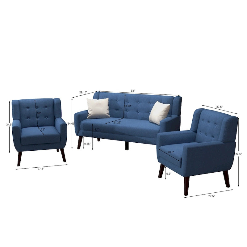 Causeuse capitonnée de 63 pouces avec 2 fauteuils d'appoint