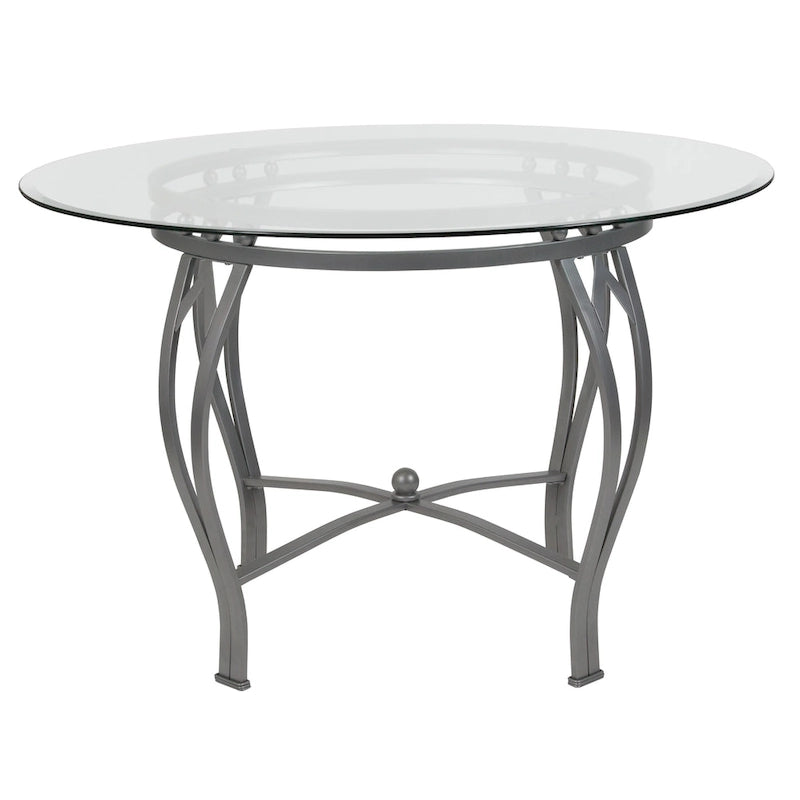 Table à manger ronde en verre de 45 pouces avec cadre en métal incurvé