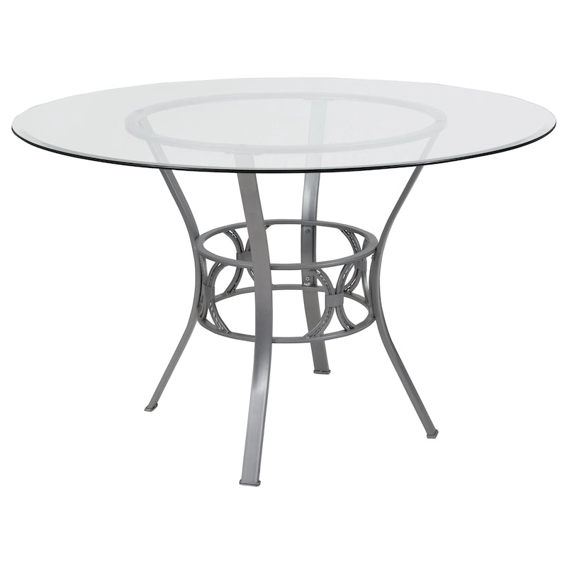 Table de salle à manger ronde en verre de 48 pouces avec base en métal en forme de croissant