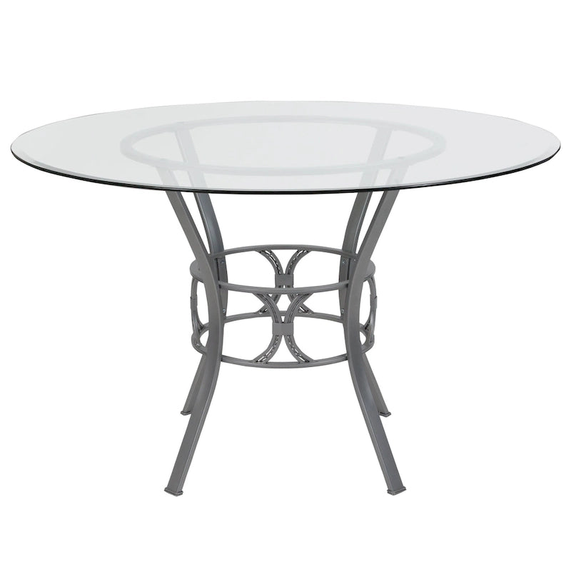 Table de salle à manger ronde en verre de 48 pouces avec base en métal en forme de croissant