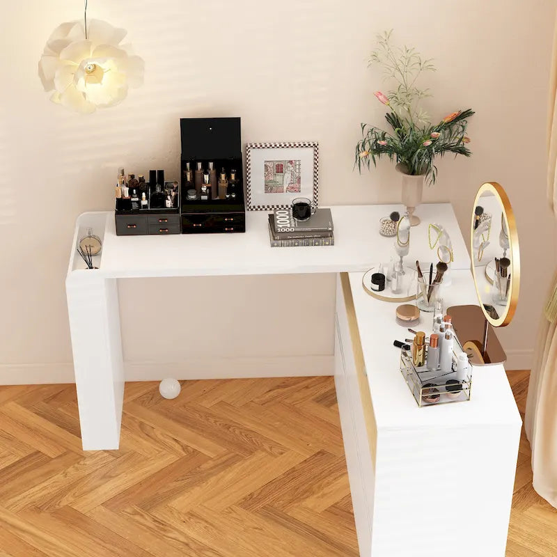 Coiffeuse d'angle rotative blanche avec rangement