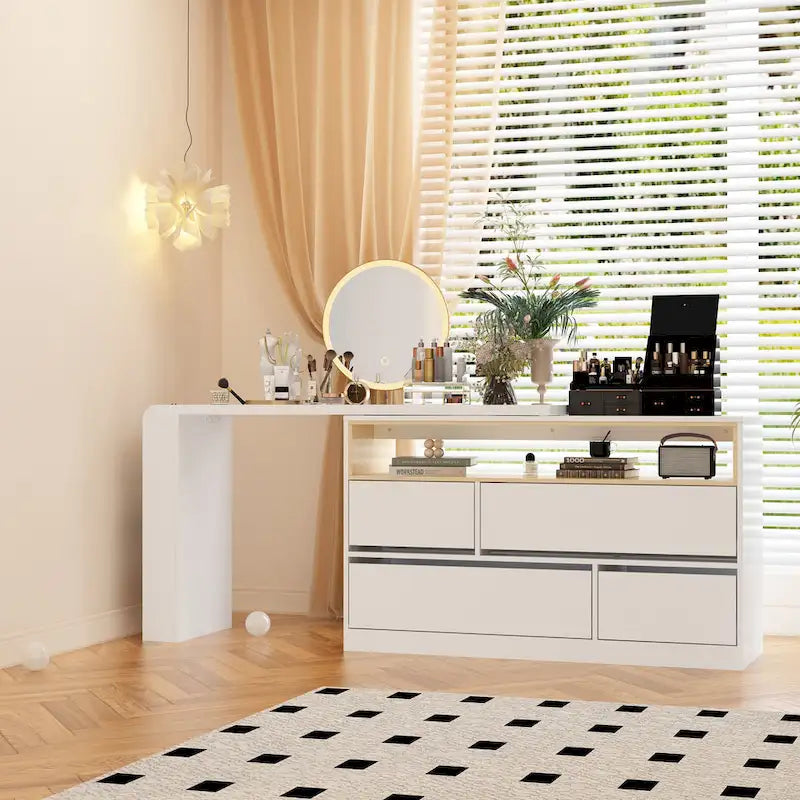 Coiffeuse d'angle rotative blanche avec rangement