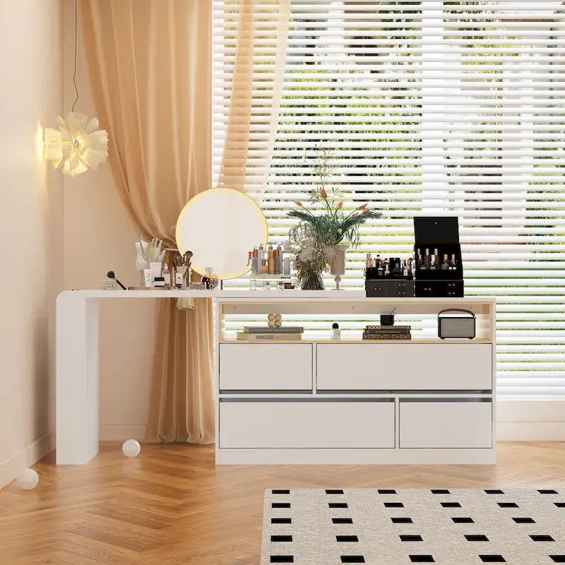Coiffeuse d'angle rotative blanche avec rangement
