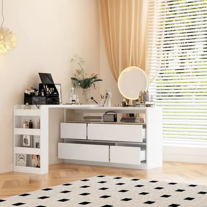 Coiffeuse d'angle rotative blanche avec rangement
