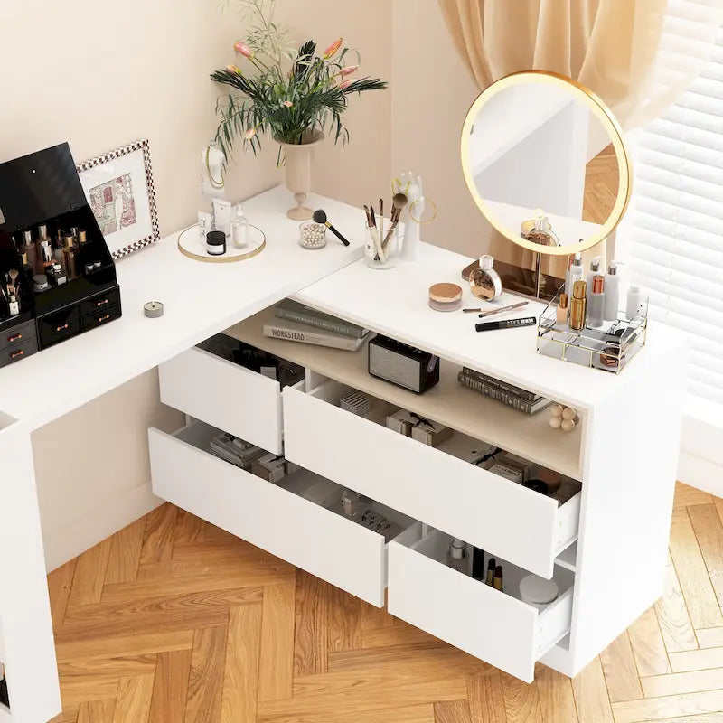 Coiffeuse d'angle rotative blanche avec rangement