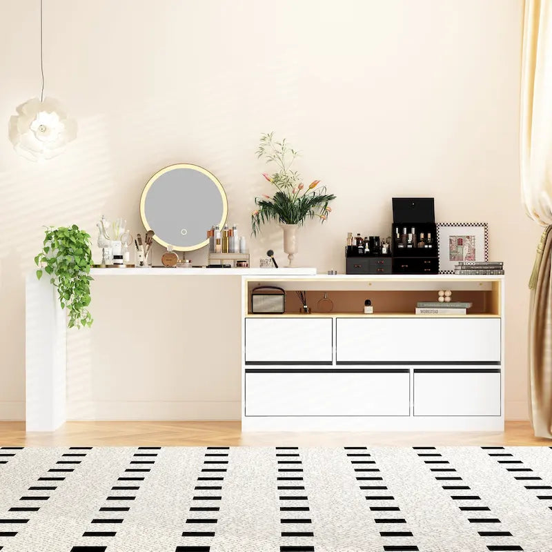 Coiffeuse d'angle rotative blanche avec rangement