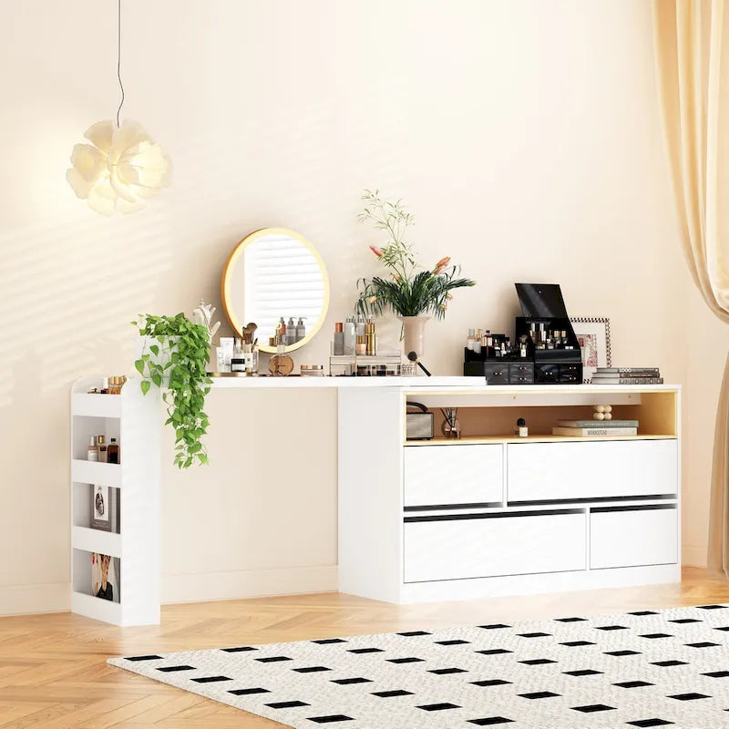 Coiffeuse d'angle rotative blanche avec rangement