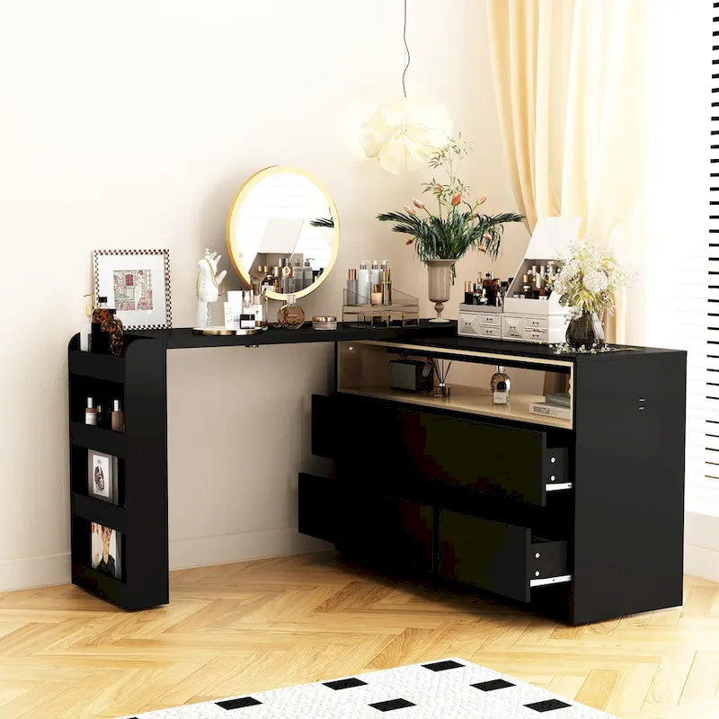 Coiffeuse d'angle rotative blanche avec rangement