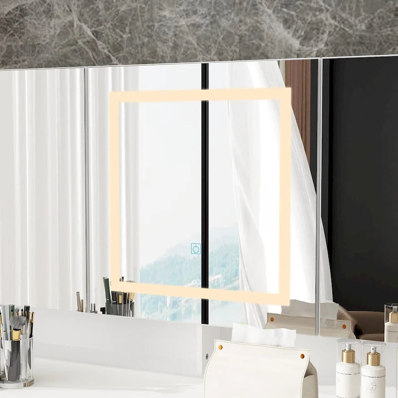 Coiffeuse blanche avec lumières LED, miroirs et rangement