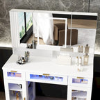 Coiffeuse blanche avec lumières LED, miroirs et rangement