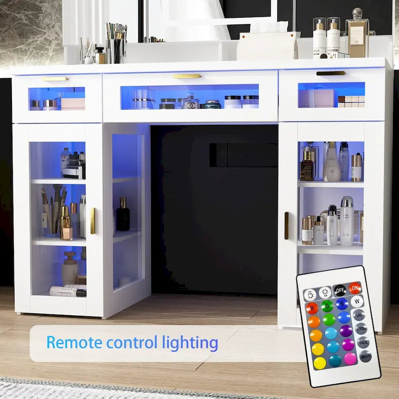 Coiffeuse blanche avec lumières LED, miroirs et rangement