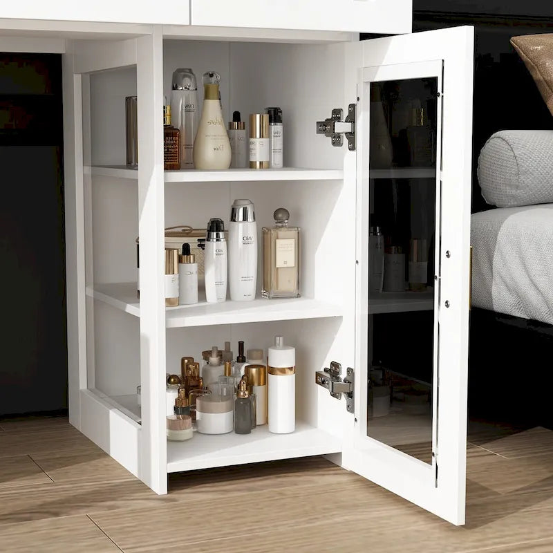 Coiffeuse blanche avec lumières LED, miroirs et rangement