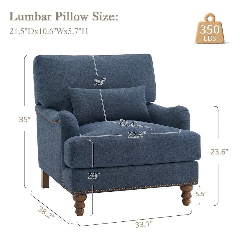Fauteuil d'appoint rembourré avec cadre en bois massif et coussin lombaire