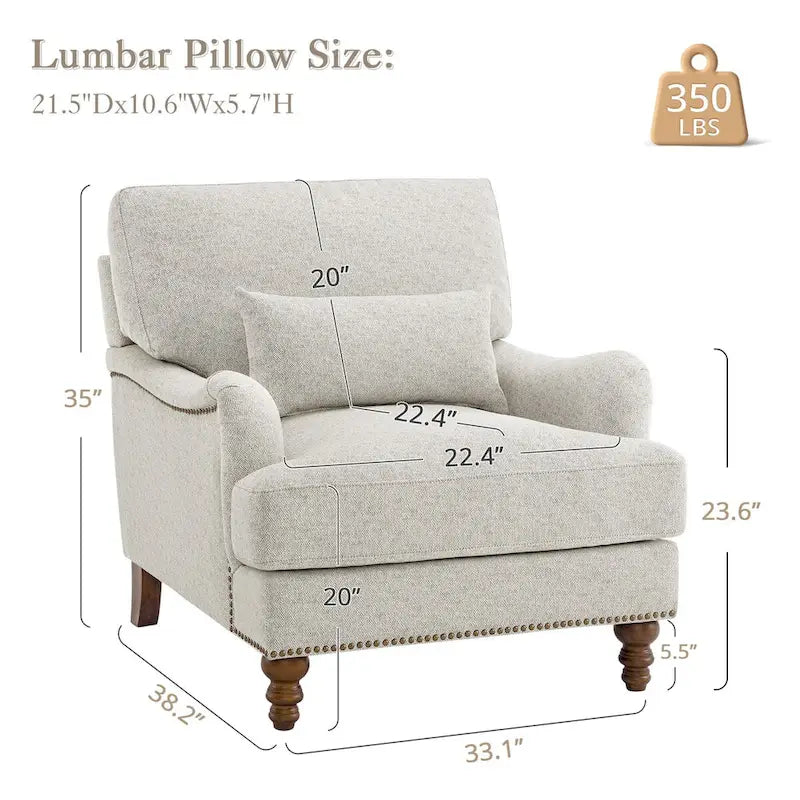 Fauteuil d'appoint rembourré avec cadre en bois massif et coussin lombaire