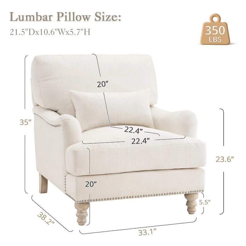Fauteuil d'appoint rembourré avec cadre en bois massif et coussin lombaire