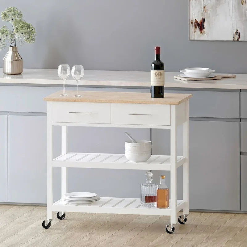 Desserte de cuisine en bois blanc avec roulettes, tiroirs et étagères