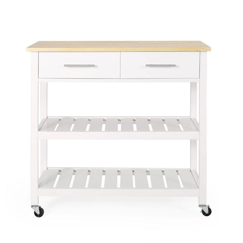 Desserte de cuisine en bois blanc avec roulettes, tiroirs et étagères