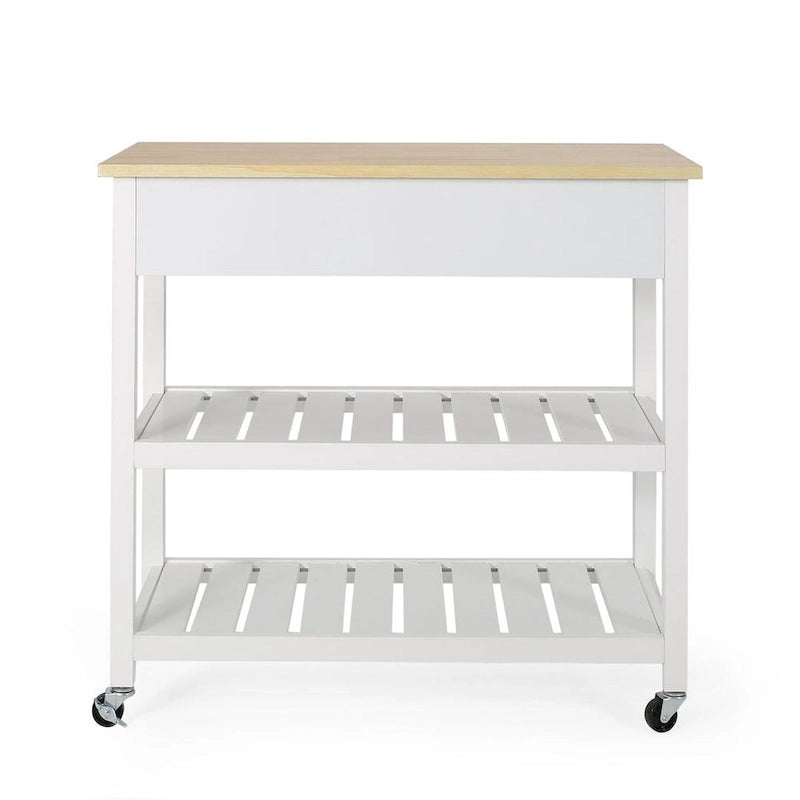 Desserte de cuisine en bois blanc avec roulettes, tiroirs et étagères