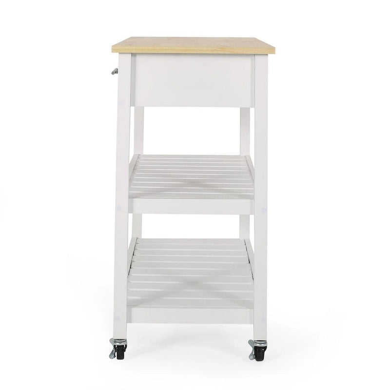 Desserte de cuisine en bois blanc avec roulettes, tiroirs et étagères