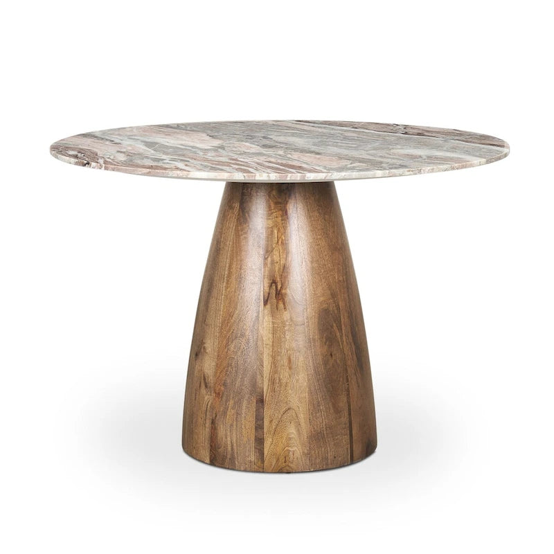 Table à manger ronde sur pied de 42 pouces, marron, avec plateau en marbre rose