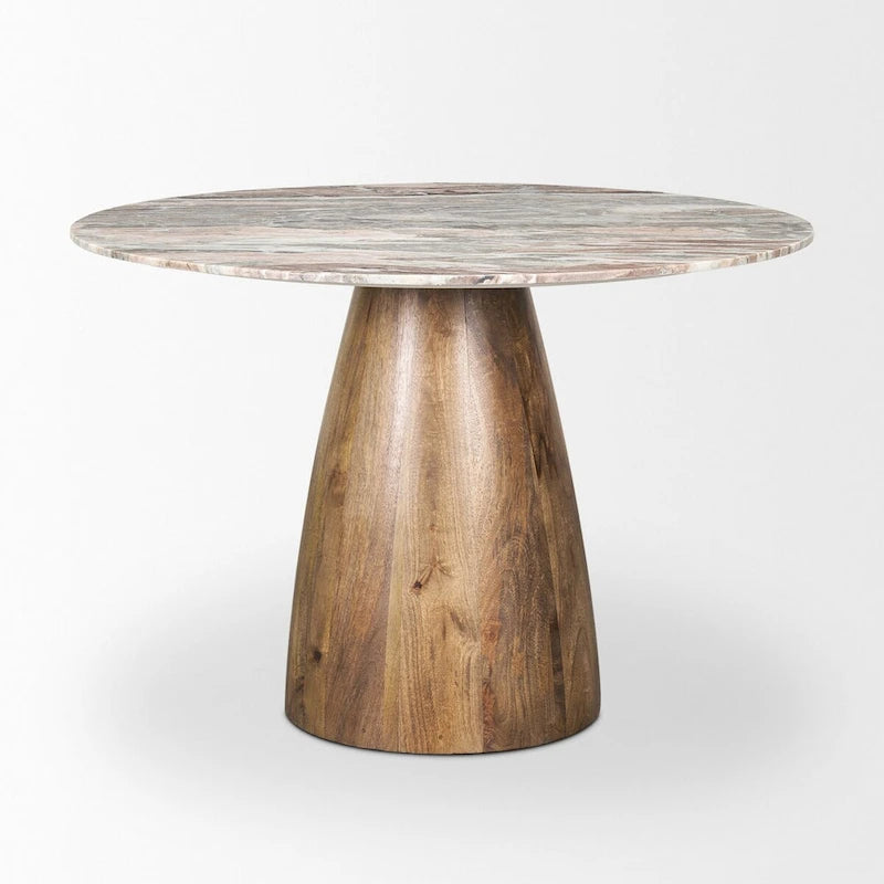Table à manger ronde sur pied de 42 pouces, marron, avec plateau en marbre rose