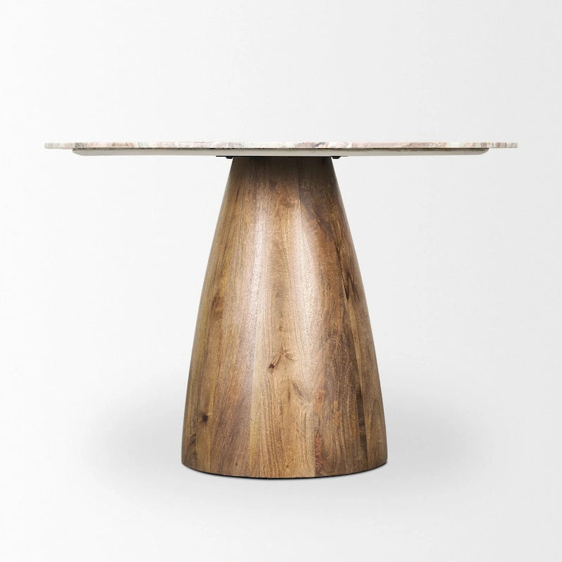 Table à manger ronde sur pied de 42 pouces, marron, avec plateau en marbre rose